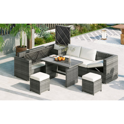 Outdoor 6-Piece All Weather PE Armentrout Sofa Set, Garden Patio Wicker Sectional Furniture Set With Adjustable Seat, Storage Box, Removable Covers And Tempered Glass Top Table