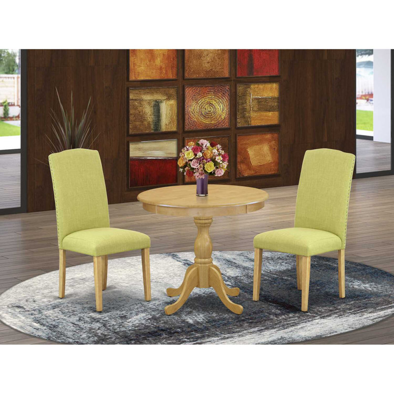 3 Piece DINETTE Set Includes 1 Dining Table and 2 Limelight Linen Fabric Upholstered Dining Chairs High Back with Nail Heads- Oak Finish