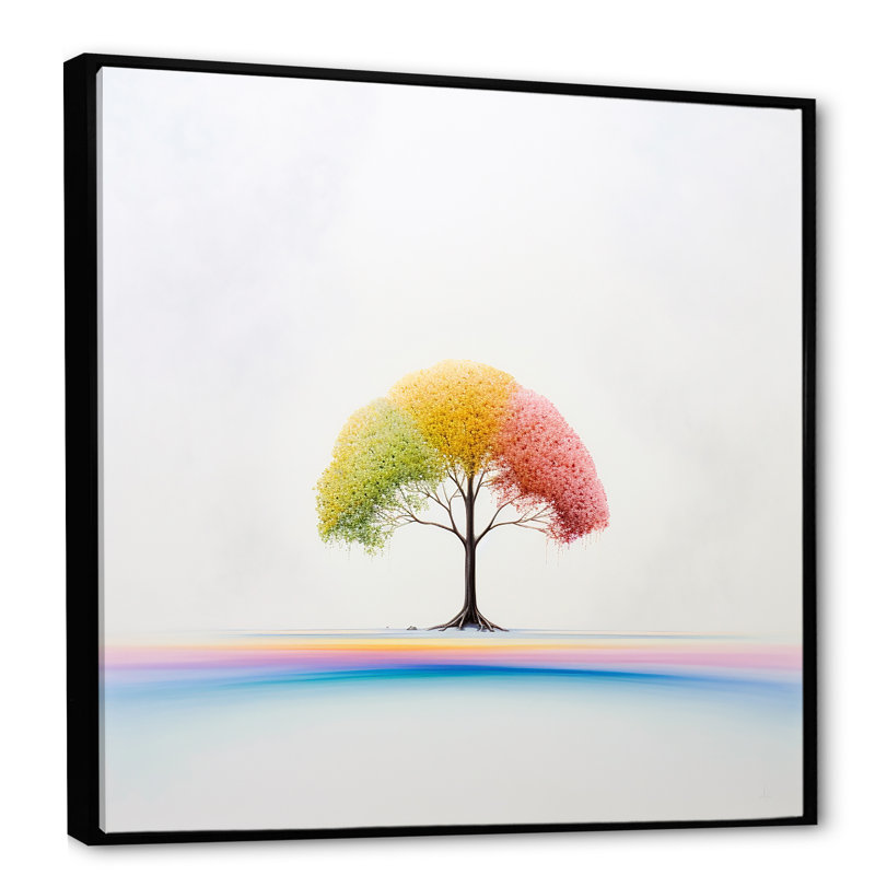 " Minimalism Rainbows Respite Tree ", 16" H x 16" W x 1" D, Black Floater Framed