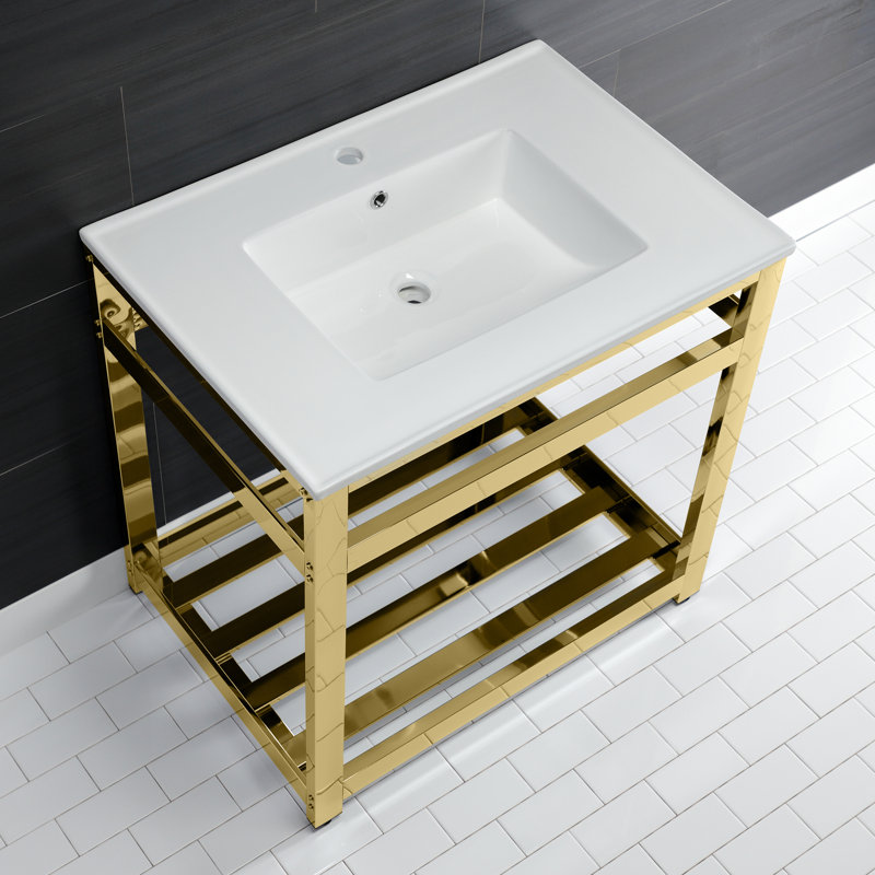 Kingston Brass Quadras 31-Inch Ceramic Console Sink with Steel Base and Shelf, White/Polished Brass, Single