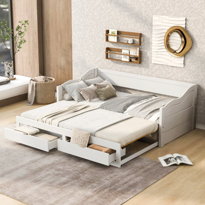 Wooden Daybed With Trundle Bed And Two Storage Drawers