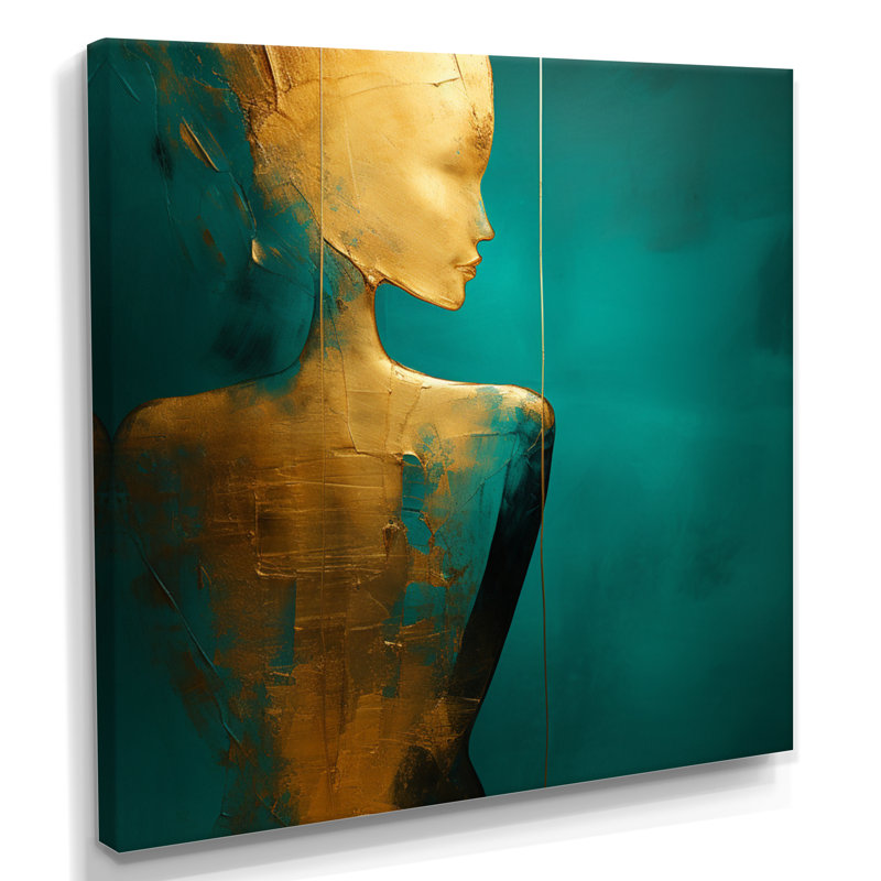 Silhouette de femme turquoise sur fond bleu sarcelle - art mural femme moderne, Toile tendue, 44" H x 44" W