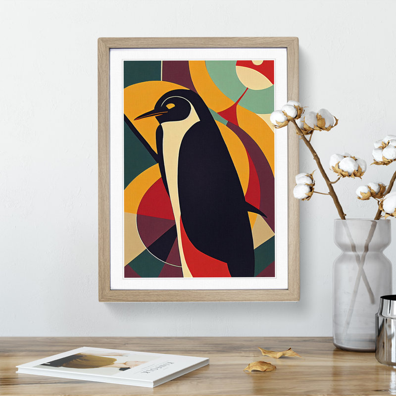 Penguin In Abstract No.2 - Wall Art, Oak Framed Paper, White, 64cm H x 46cm W x 2cm D