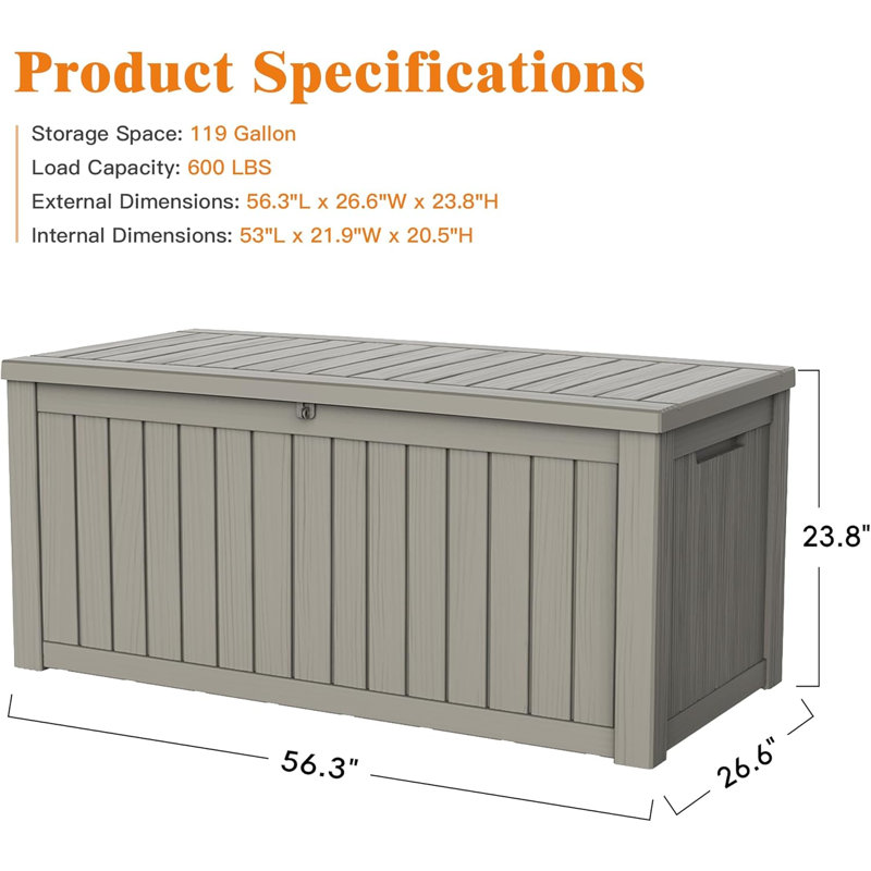 119 Gallon Outdoor Storage Box, Waterproof Deck Box With Handles And Lockable Lid, Resin Patio Storage Box With Hydraulic Rods For Garden Tools, Cushions