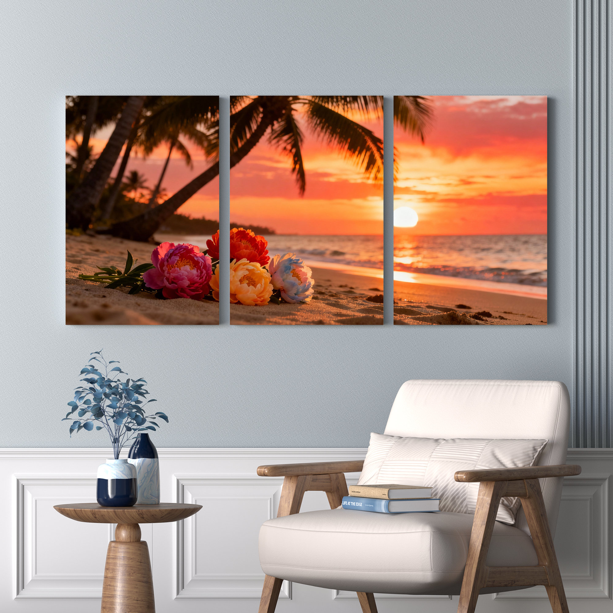 Winston Porter Tropical Sunset Beach With Flowers Canvas Wrapped Wall ...