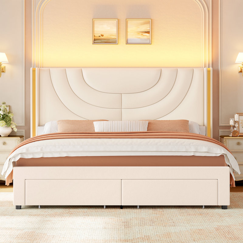 Lit de rangement en velours à oreilles avec 2 tiroirs Sturminster, Complète, Crème