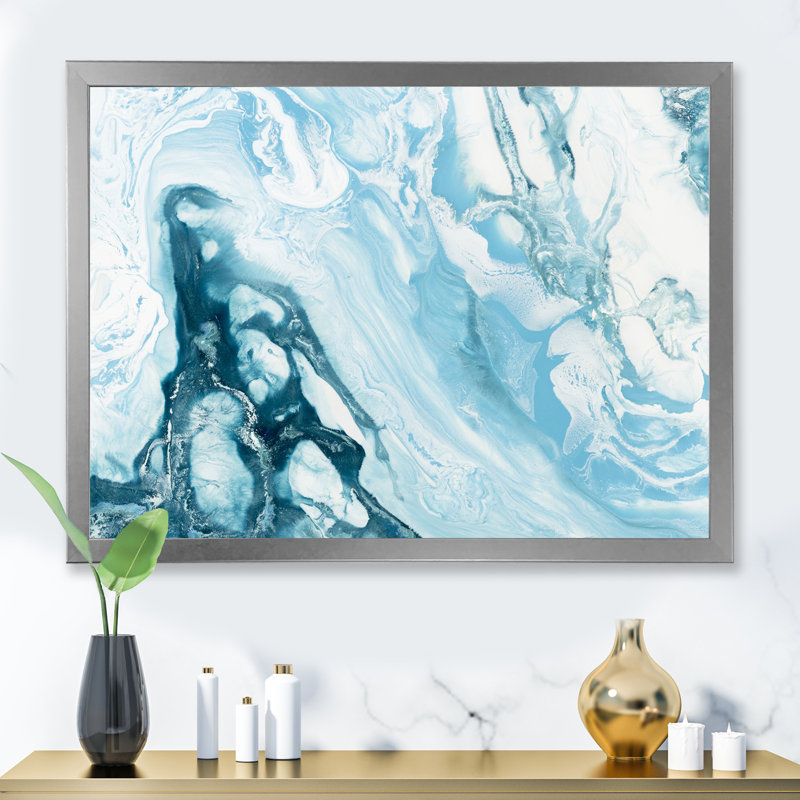 Vague bleue liquide - peinture sur toile, H 34 po x l 44 po, Cadre photo argenté