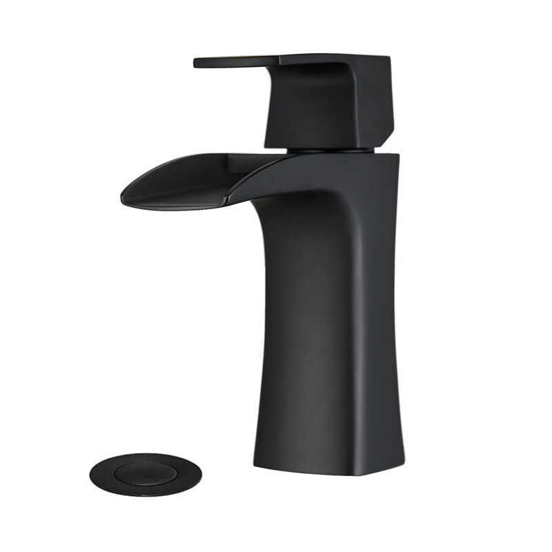 Robinet pour salle de bain Waterfall - Robinet en laiton à poignée simple avec drain, 1 trou noir mat | Idée de cadeau