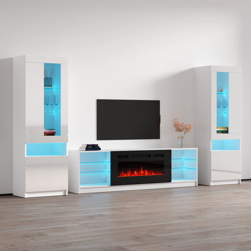 Delaine 126" Modern Entertainment Center with Electric Fireplace, High Gloss Finish, Media Storage, White