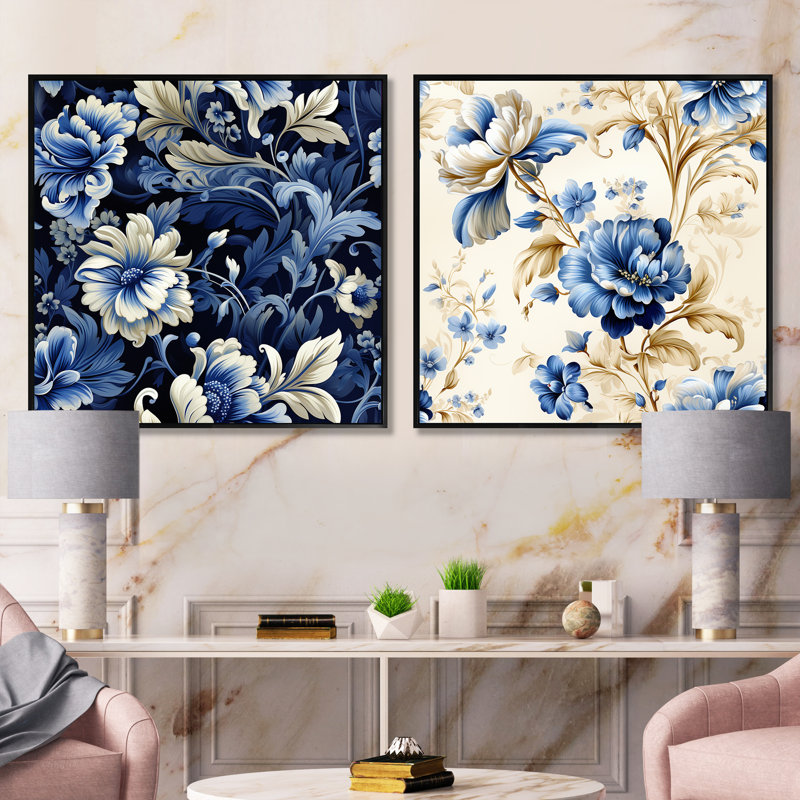 Motif victorien de coins victoriens bleu cobalt - ensemble de collage carré floral, Cadre flottant noir, H 36 po x l 73 po