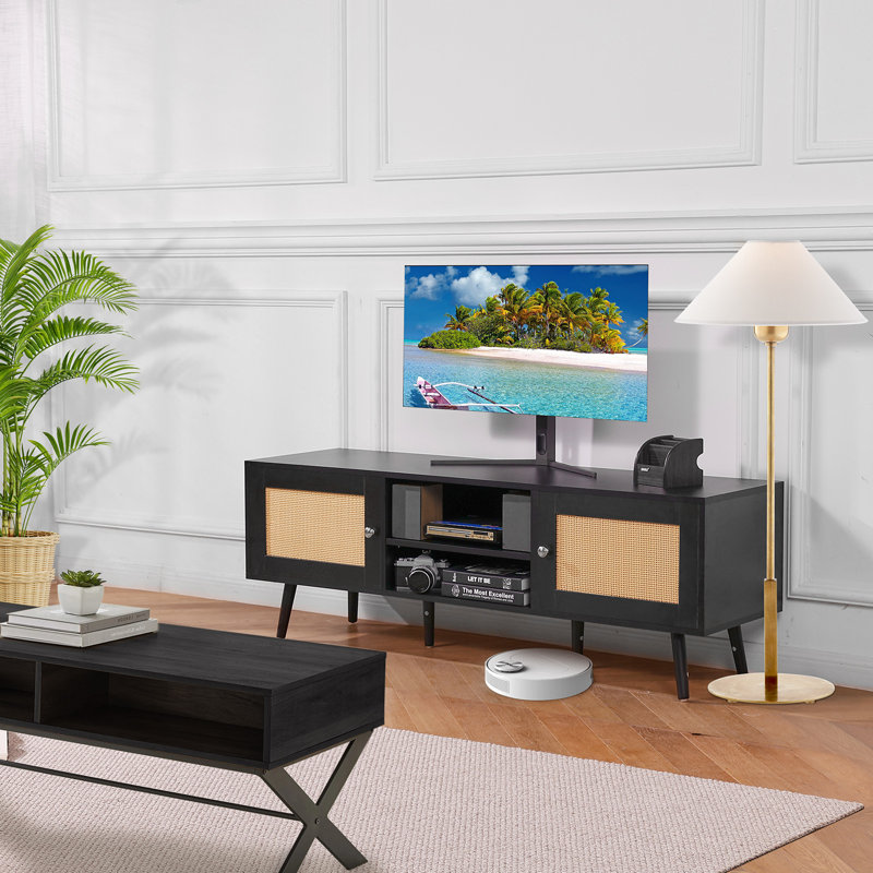 Black Rattan TV Stand with Cabinet for 65 inch TV