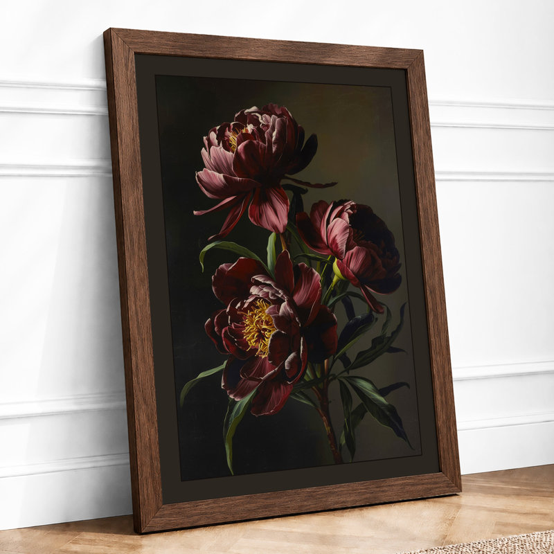 Dark Peonies Botanical - Framed Print, Walnut, A3 - 42.0 x 29.7 cm