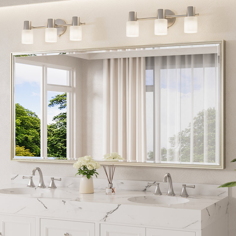 Miroir de salle de bain rectangulaire biseauté avec cadre en aluminium , 72 po x 36 po, Nickel brossé