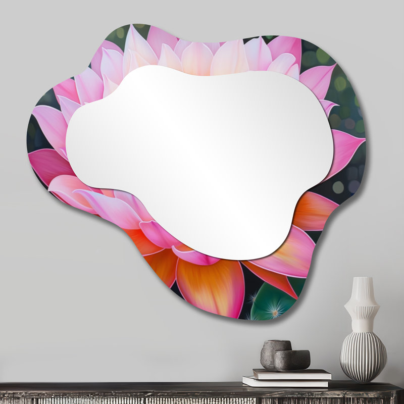 Miroir d'appoint en forme de nuage rose Boho - fleur de cactus, impression métallique, 25 po x 28 po