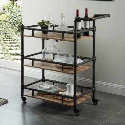 Industrial Style Antique Black 3-Tier Serving Cart With Natural Oak Shelves, Perfect For Rustic And Modern Dining Areas. by 17 Stories