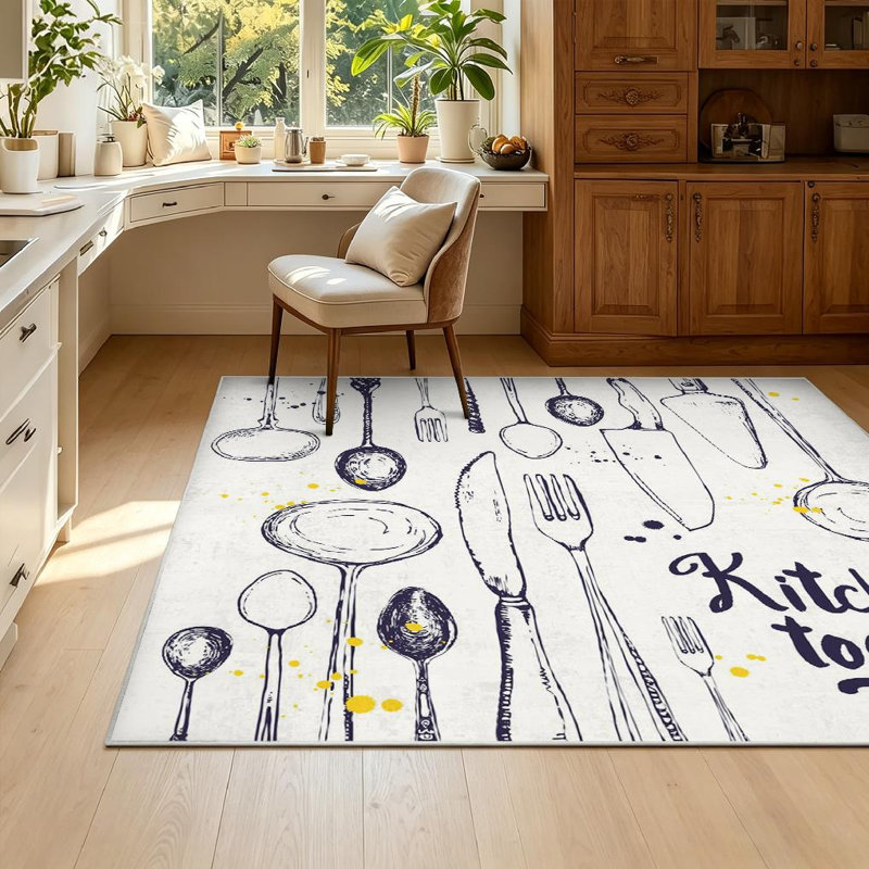 Tapis noir de cuisine noir lavable à la machine avec menu ustensiles de cuisine, Rectangle 55 po x 79 po