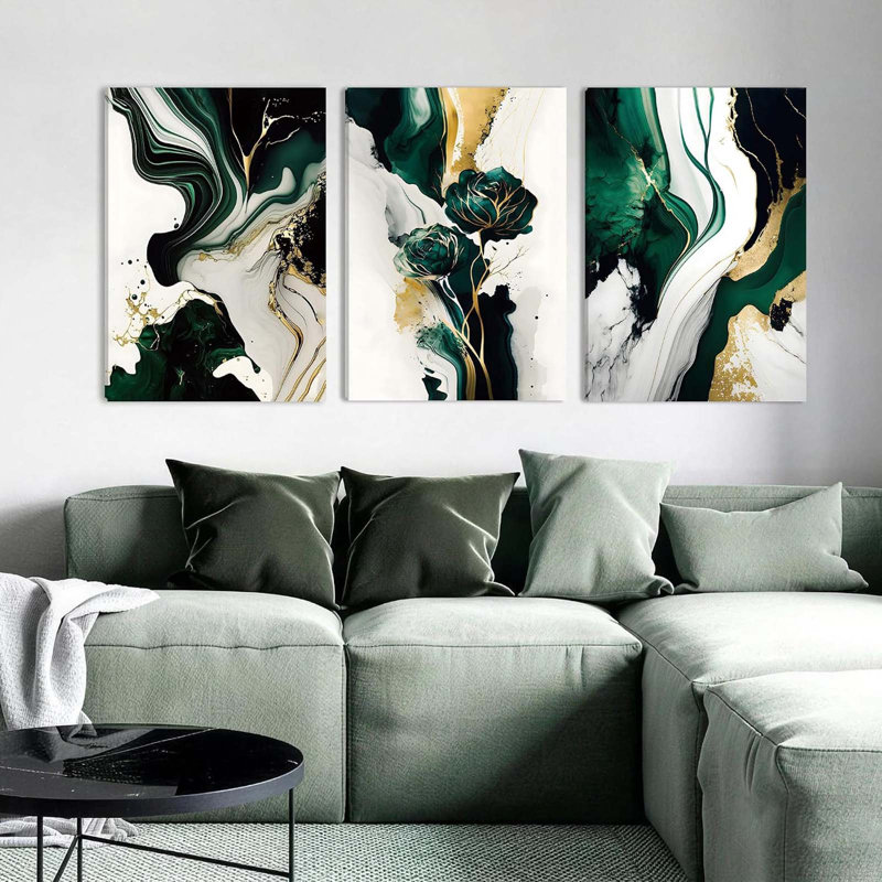 Triptych Green and Gold Floral Wrapped Canvas Wall Art 40x60cm