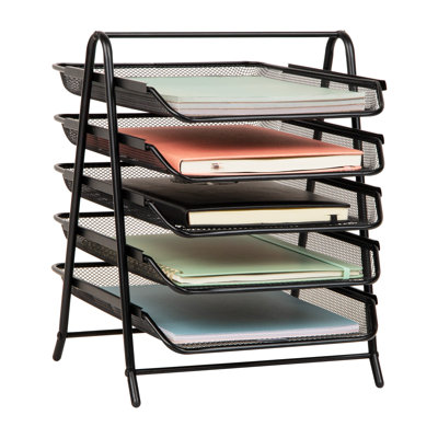 5-Tier Paper Tray Organizer, Vertical Desktop File Storage Rack, Office, Metal Mesh, Black