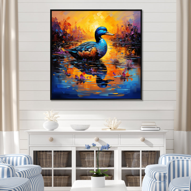 «Duck Morning Quack Lake I», art mural animal de canard, Cadre flottant noir, H 36 po x l 36 po x P 1,5 po