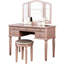 Meuble-lavabo rose doré, miroir pliable trois pièces, cinq tiroirs et un tabouret rond rembourré gris, matériau principal en bois d'hévéa massif avec placage de bouleau