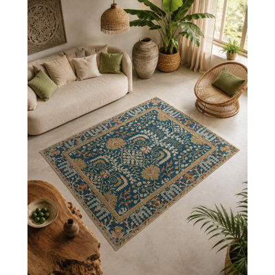 Tapis décoratif vintage à motif floral bleu et jaune