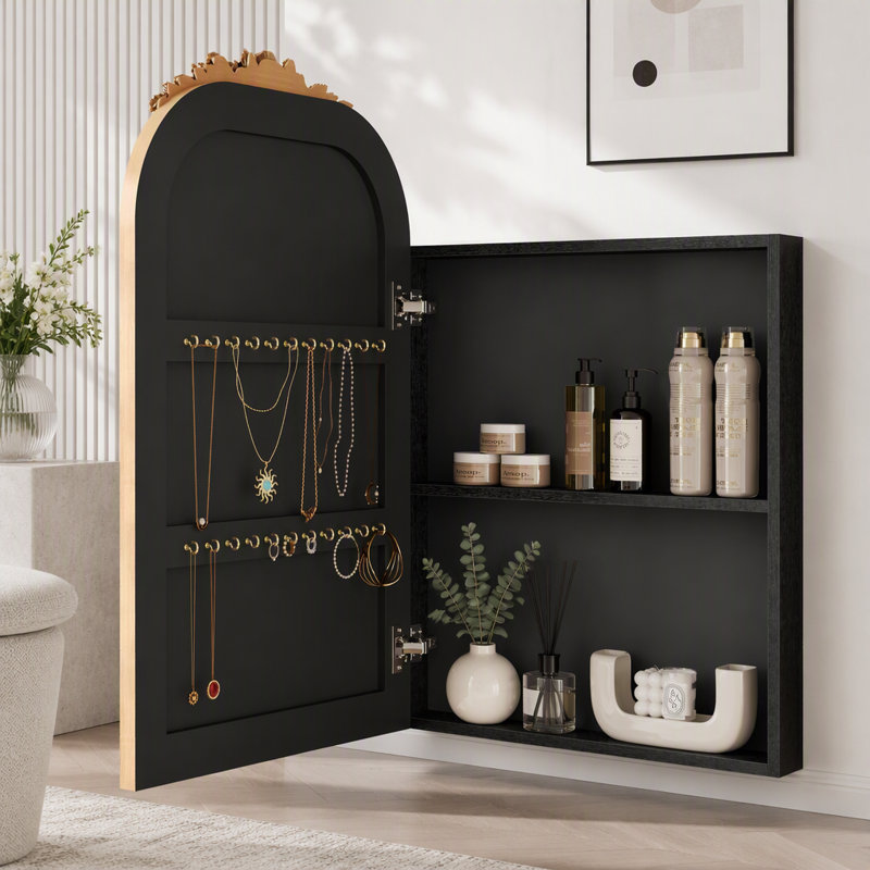 Miroir d'armoire à pharmacie rétro avec plateau sculpté arqué 20 po x 30 po, Or antique 29,92 po, noir
