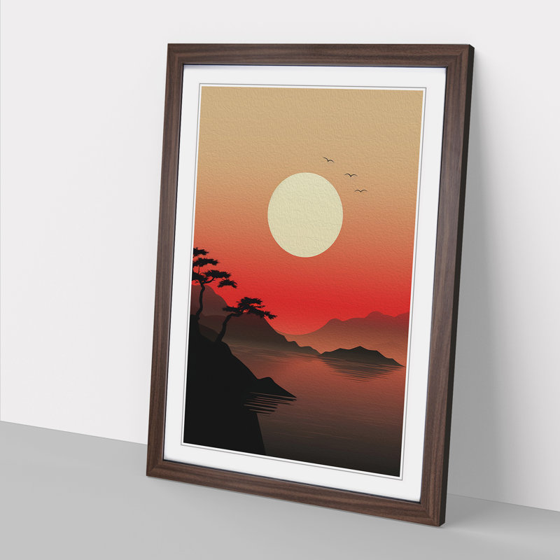 Japanese Sunset Minimalism - Framed Print, 64cm H x 46cm W x 2cm D, Walnut Framed