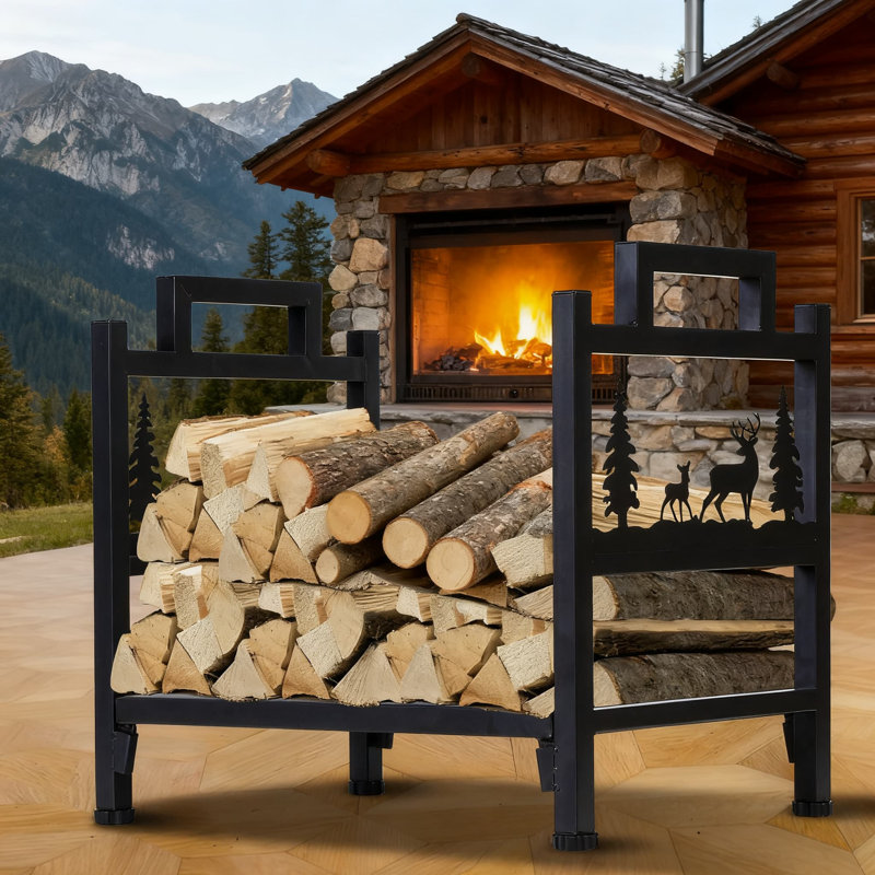 Support à bois robuste pour utilisation intérieure et extérieure, porte-bûches en acier breveté avec fond plat et capacité de poids élevée pour le rangement du bois de cheminée