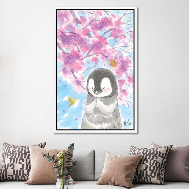 Cherry Blossom Penguin by Martin Hsu - Painting on Canvas, White Framed, 152.5 cm H x 101.5 cm W