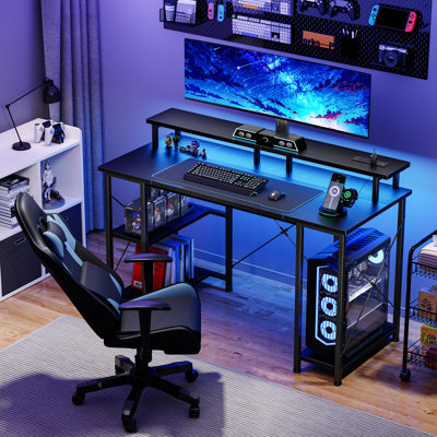 Bureau d'ordinateur réversible avec lumières DEL, prise de courant intégrée et tablette de rangement