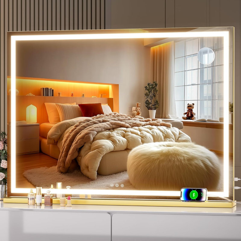 Miroir de salle de bain 40 po x 30 po à DEL avec éclairage à DEL à intensité variable, 3 modes de couleurs, commande par écran tactile, fixation murale ou de table, finition dorée