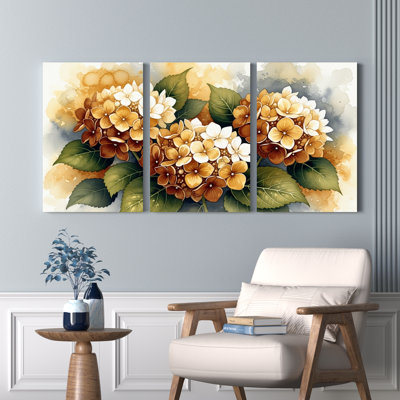 Hydrangea Floral Watercolor Canvas Wrapped Wall Art, Oil Painting Print (Set of 3)