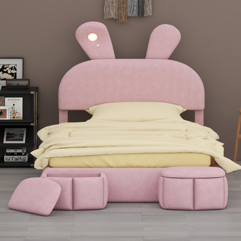 Fun Character-Style Platform Bed with Distinctive Ear Headboard and Soft Glow Illumination