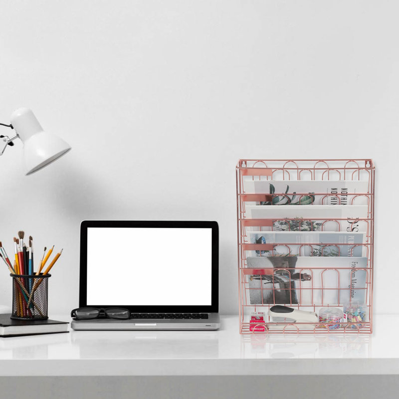 Desktop Organizer, 5-Tier Hanging File Organizer, Wall Mounted File Tray Organizer, Rose Gold