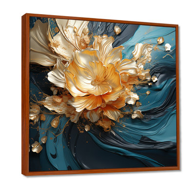 Blooming Golden Flower Waves - Art mural abstrait, salon