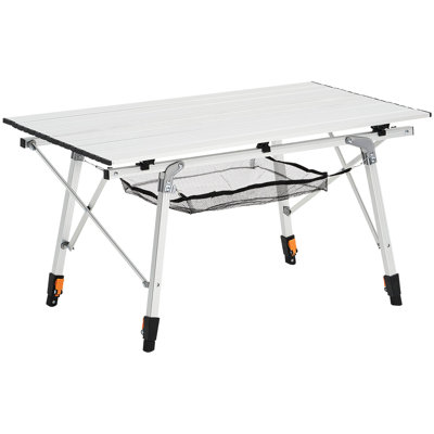 Hauteur - Table de camping d'extérieur en aluminium argenté réglable avec couche en filet, plateau de table de 35,4 pouces de large, structure transversale stable, se fond bien dans les troncs, pliant les articulations de pique-nique et les articulations, idéal pour les événements