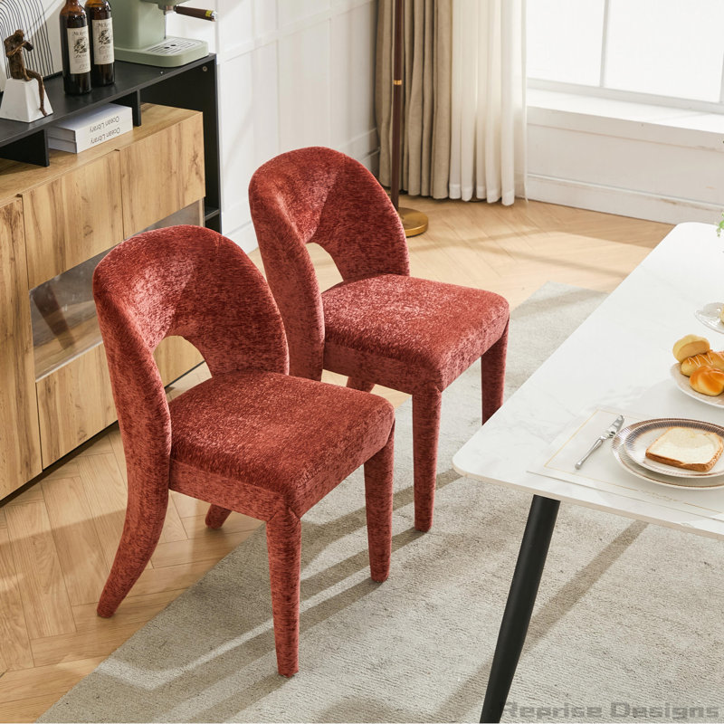 chenille dining chair features a hollowed-out backrest design Set of 2, Rose