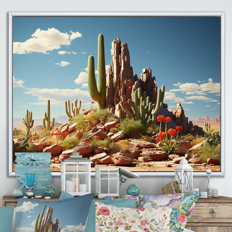 Cactus vert et bleu du désert au Nevada - Art mural floral cactus, Cadre flottant blanc, H 24 po x l 32 po x P 1 po
