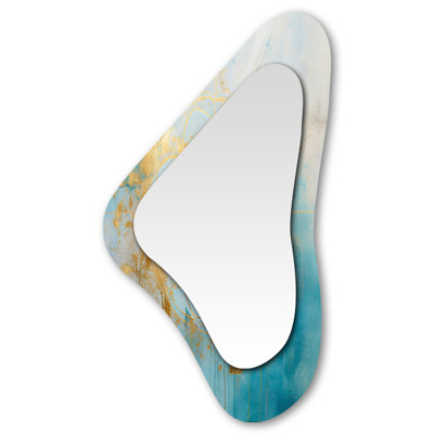 Divine Mandala Delicate Gold Gentle Turquoise V - Boho Mandala Asymmetrical Decorative Mirror, Traditional Unique Shape Wall Mirror, Printed Metal Art