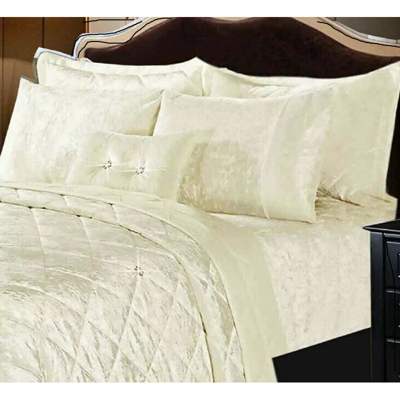 Velvet Bedspread with Pillow Shams, Beige, Super King Bedspread+ 2 Standard Shams