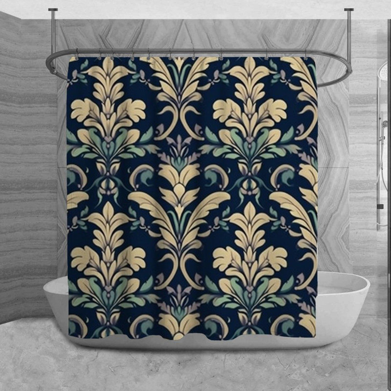 Acanthus Shower Curtain Mediterranean Bathroom Decor Navy Blue/Beige, 73" H x 70" W