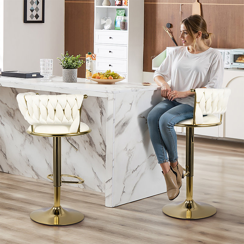 Luxury Gold & Tufted Bar Stools - Adjustable Height, Stylish Kitchen/Bar Seating, Beige