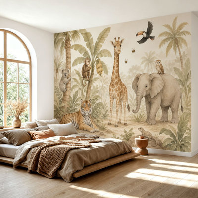 Wall Mural Peel and Stick Wallpaper Cute Jungle Animals Nursery Tiger Giraffe Elephant Monkey Tropical Self-Adhesive Removable Contact Paper Wall Decor for Living Room Bedroom 69"H x 96"W