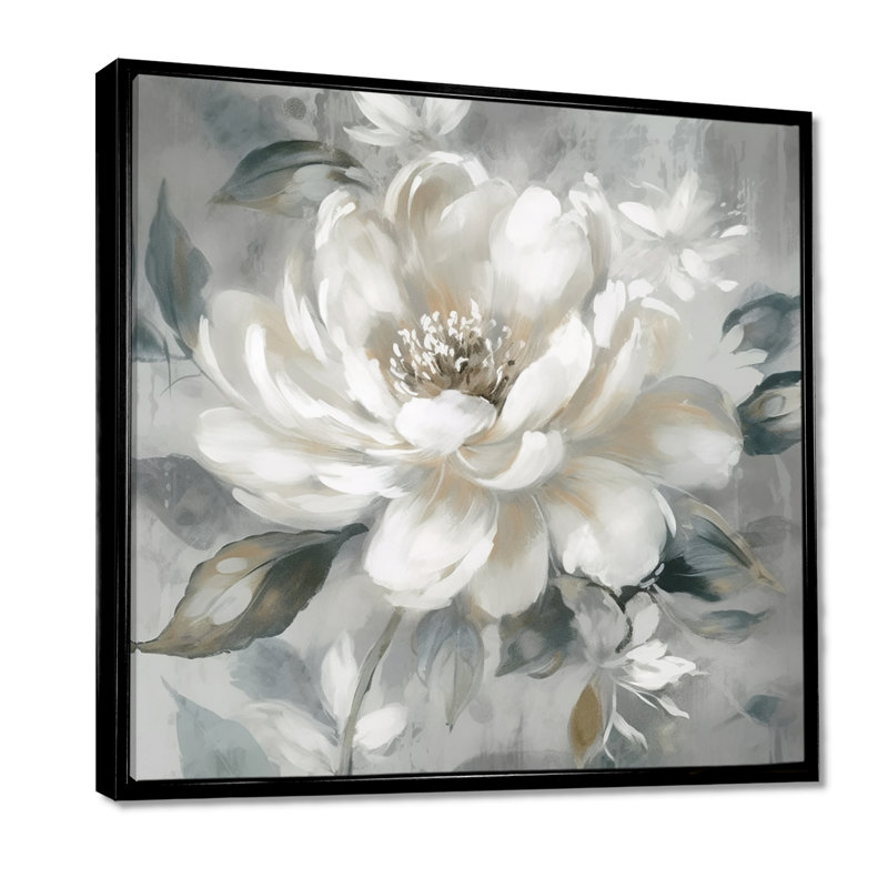 «White Peony Blooms In Motion I», art mural encadré de pivoines, 44" H x 44" W, Reproduction avec cadre flottant, Noir