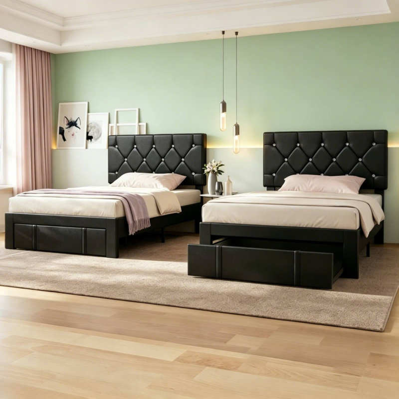 2 Pack Black Upholstered Headboard Adjustable Height Twin Size Platform Single Bed With Drawer, Black