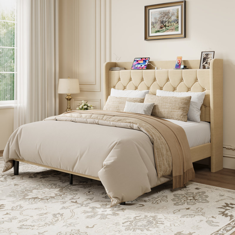 Modern Tufted Upholstered Bed In Velvet Or Linen With Charging Station & Headboard Shelf, High Clearance Under Bed Storage