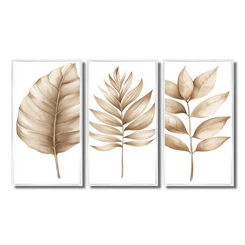 Ensemble de décorations murales Minimalist Tropical Beiges Leaves III - Plantes, Toile avec cadre flottant or