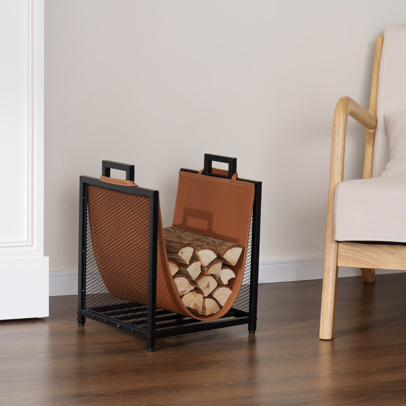 Indoor Outdoor Firewood Holder Rack with Brown Leatherette