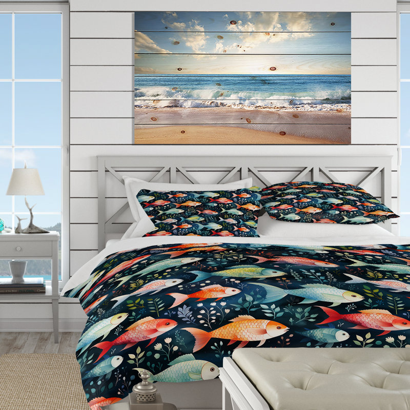 Ensemble de housse de couette aquarelle Nishikigoi, Housse de couette pour grand lit et 2 taies décor
