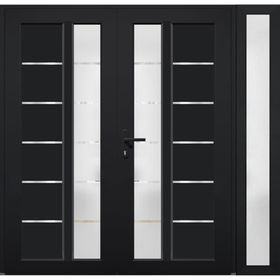 Front Exterior Prehung uPVC Metal-Plastic Double Doors MANUX 8088 Matte Black Sidelite Exterior Window Office Commercial and Residential Doors Entrance Patio Garage 86 x 80 (W72+14 x H80) Right hand Inswing